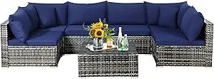 7 Pieces Patio Furniture Set, Patiojoy All-Weather Outdoor Rattan Sectional Sofa Set with Cushions and Tempered Glass Coffee Ta - Kimlud