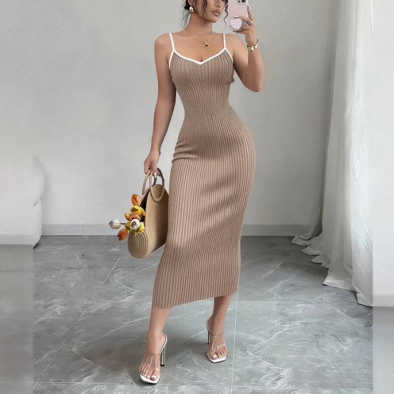 Women's Pink Spaghetti Strap Sleeveless Stretchy Sundress Knit Bodycon Midi Dress Sexy Summer Beach Vacation Party Long...