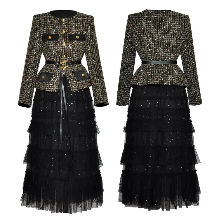 DSXDFACAIRIJ Women's Plaid Jacket And Mesh Ruffle Skirt Two Piece Set O-Neck Long Sleeve Sashes Elastic Waist Office...
