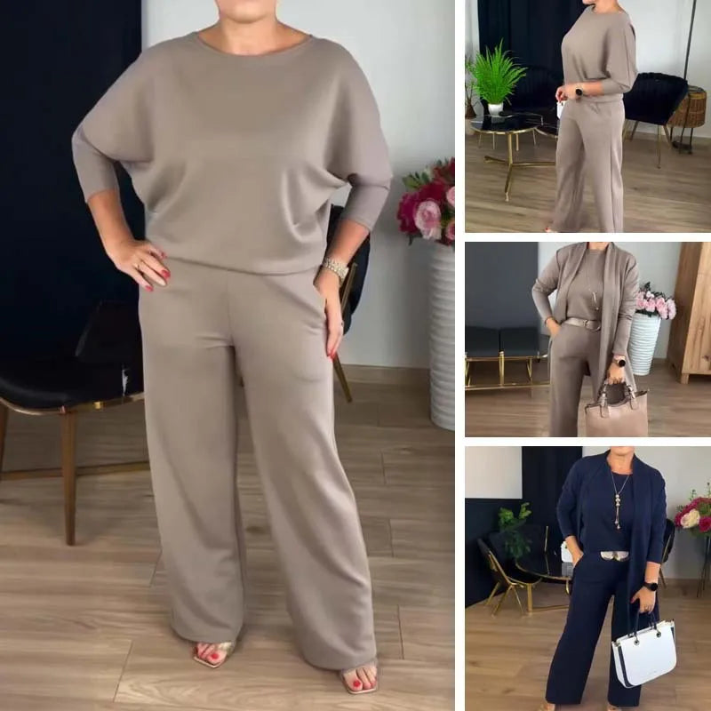 Pant Set Women Three Piece Sets Round Neck Full Sleeve Tops Mid Length Coats Wide Leg Long Pants High Waist Y2k Work 2025