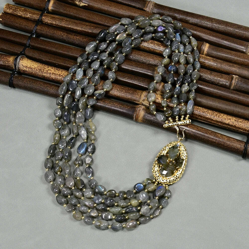 G-G 20" 5 Rows Natural Gray Labradorite Gems Stone Necklace Multi Strands Necklace Jewelry For Women