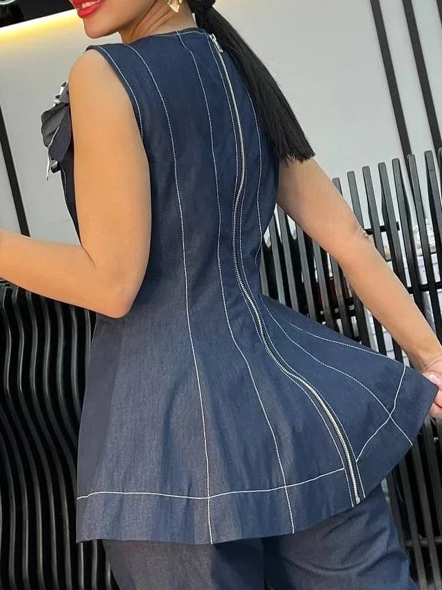 Krisstarsgirl 2025 Trendy Denim Blouse Office Lady Elegant Autumn Back Ziper 3D Flowers Woman Chic Summer Tops Sleeveless Vest