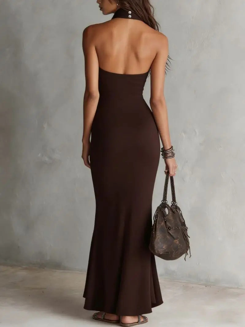 Elegant Sleeveless High Neck Long Skirt with Slit for Women Perfect for Dinner Dates And Formal Occasions | Kimlud Mid...