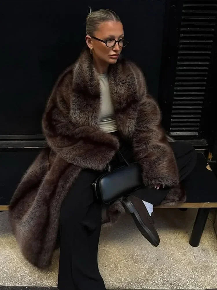 Women Luxury Brown Faux Fur Overcoat Casual Lapel Long Sleeve Fluffy Coat Winter Female Chic Thicken Warm High Street Outwear