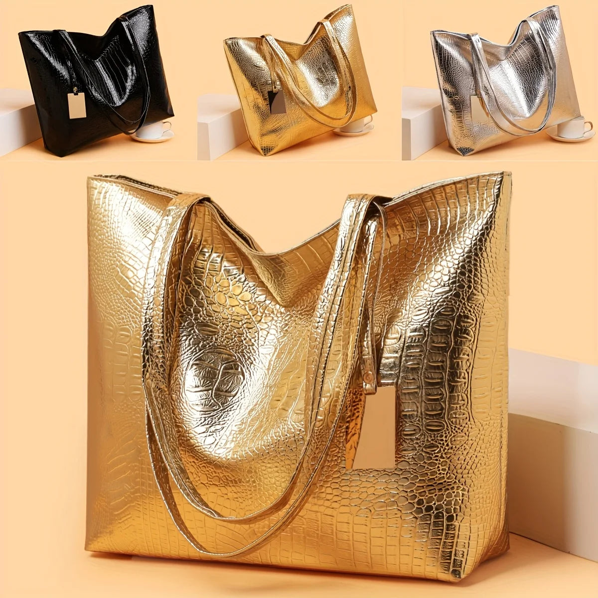 Vintage Women's Tote Bag, Large Capacity Handbag Shoulder Bag with Zipper Closure, Metallic Finish Handbags for Work, Parties