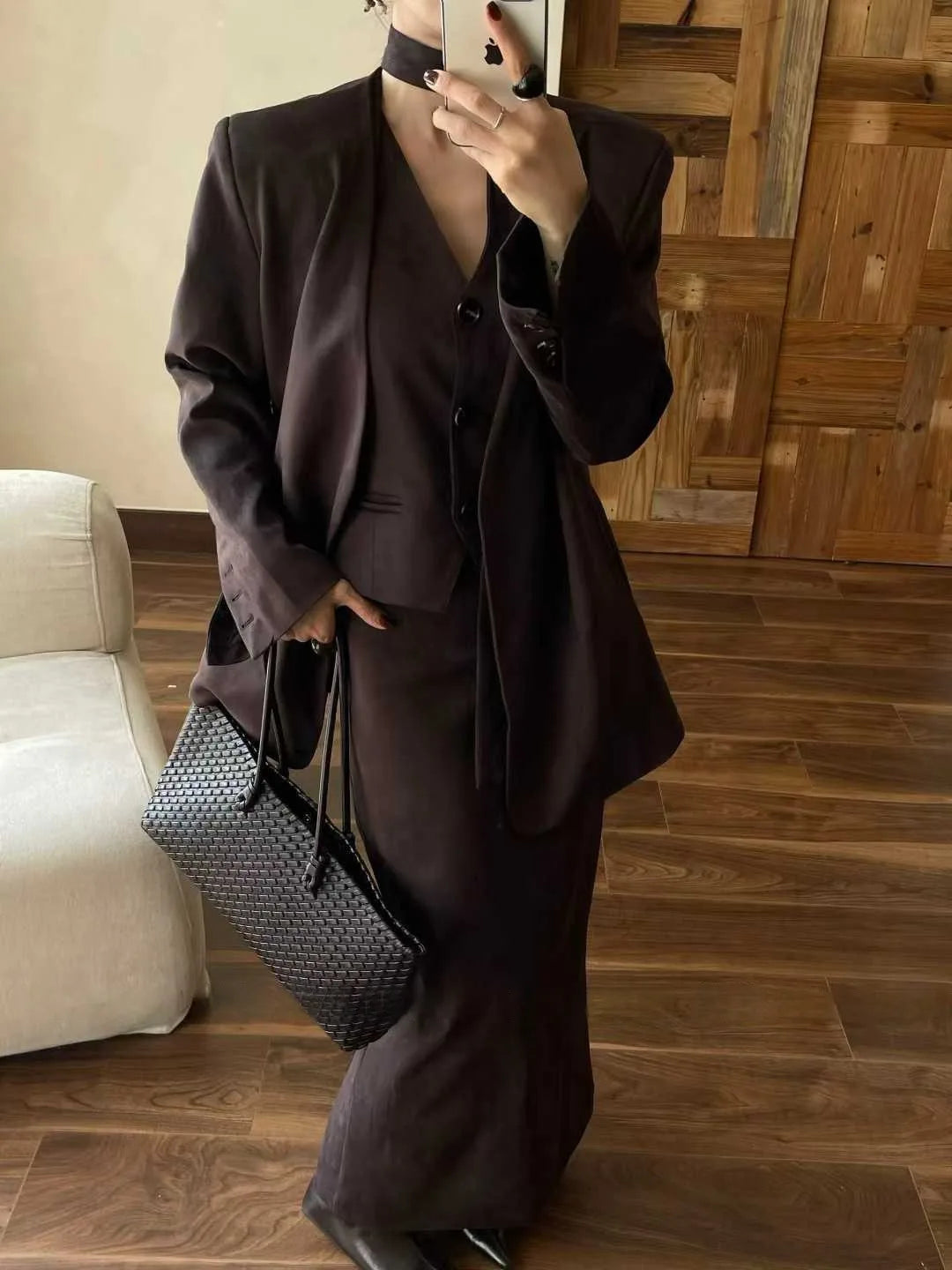 KWTX 2025 Women's 3 Pcs Suit Set Spring Fall V-Neck Blazer Single Breasted Vest Ribbon Tie Skirt Solid Color Elegant Retro