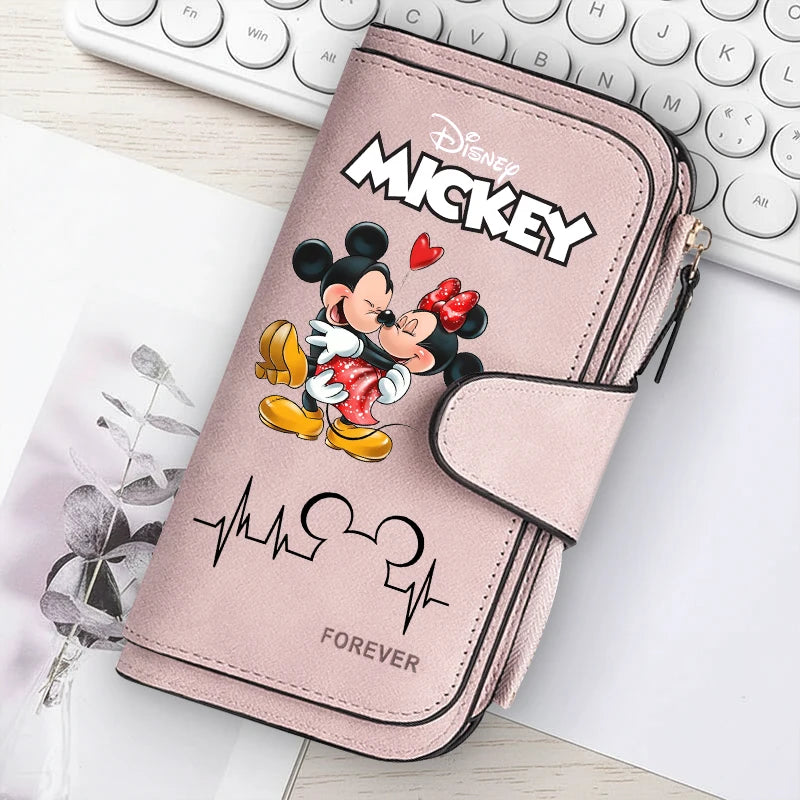 Mickey Minnie Lady Long Zip Wallet Buckle Tote Bag Coin Purse Soft PU Leather Multi-functional Card Holder Casual Daily