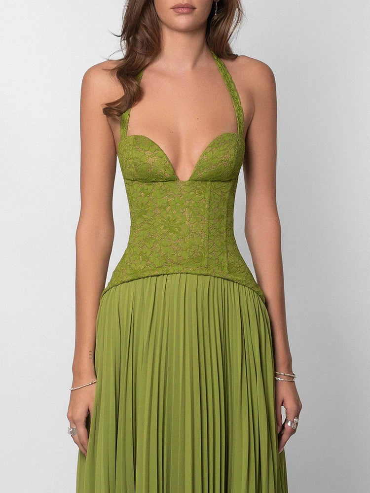 Sexy Halter Neck Lace Corset Pleated Maxi Dress Women Green Sleeveless Backless Lace-up A-line Long Dresses Evening...