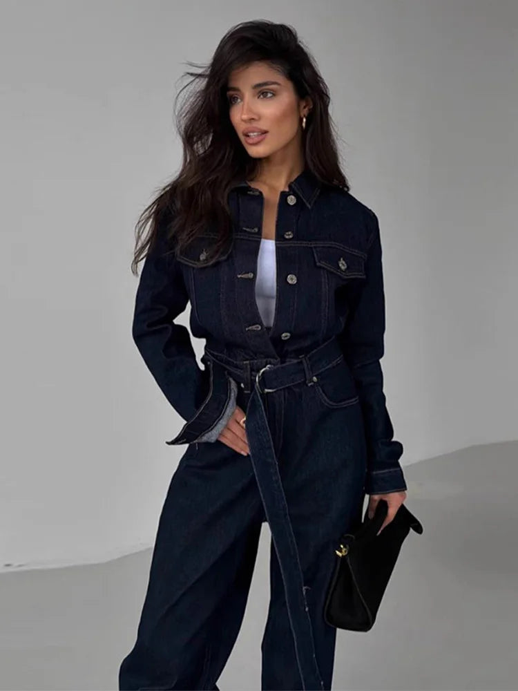 Chic Denim Women's Jumpsuit Turn-Down Collar Lace Up Full Sleeve Lady Long Jumpsuits 2026 Spring Casual Female Streetwear - Kimlud
