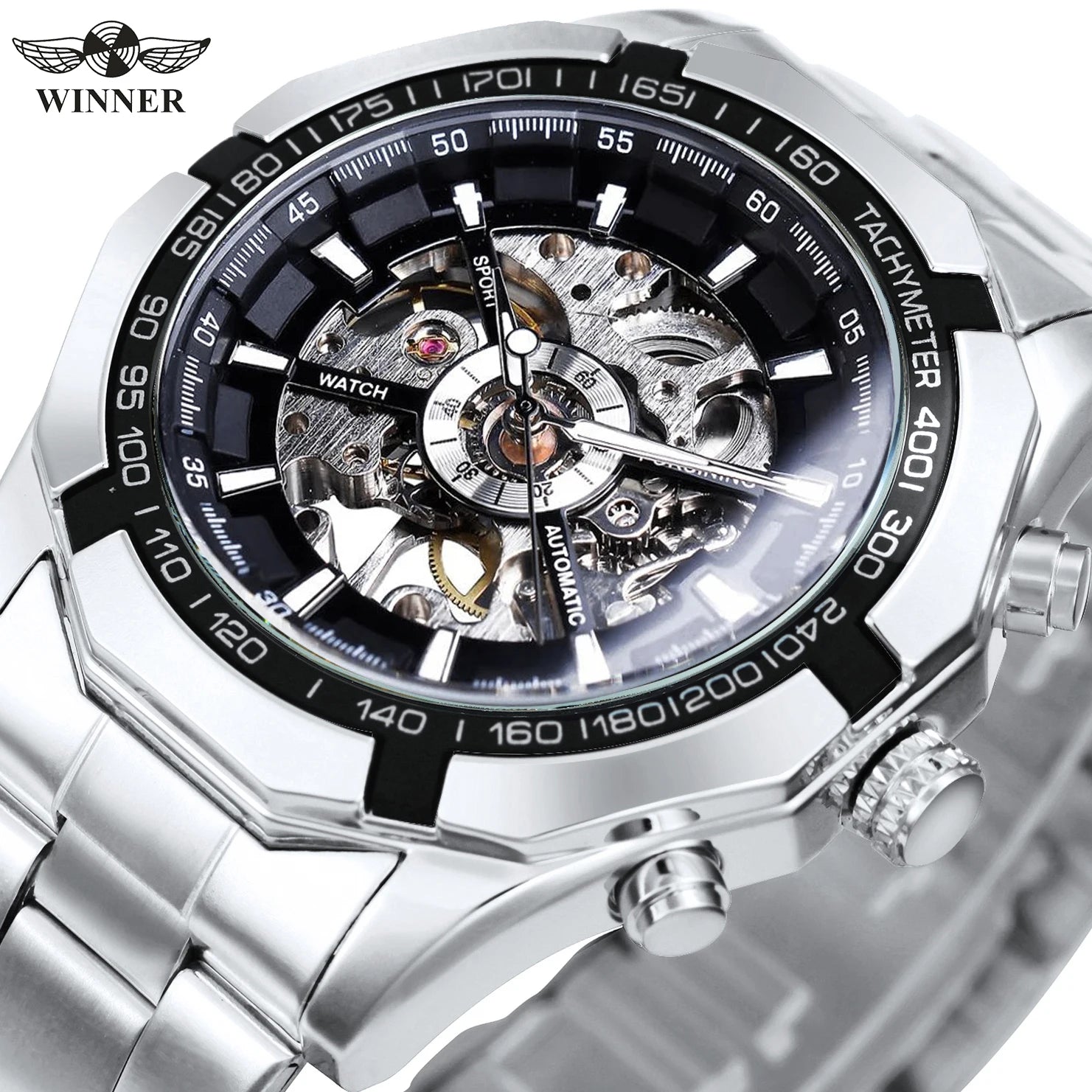 WINNER Classic Skeleton Watch for Men Luminous Hands Mechanical Watches Stainless Steel Strap Luxury Brand Forsining Wristwatch - Kimlud