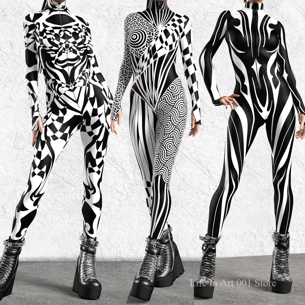 Black and White Pattern Zentai Suit Halloween Cosplay Morphsuit Women Rave Bodysuits Jumpsuits Tights Carnival Party Masquerade