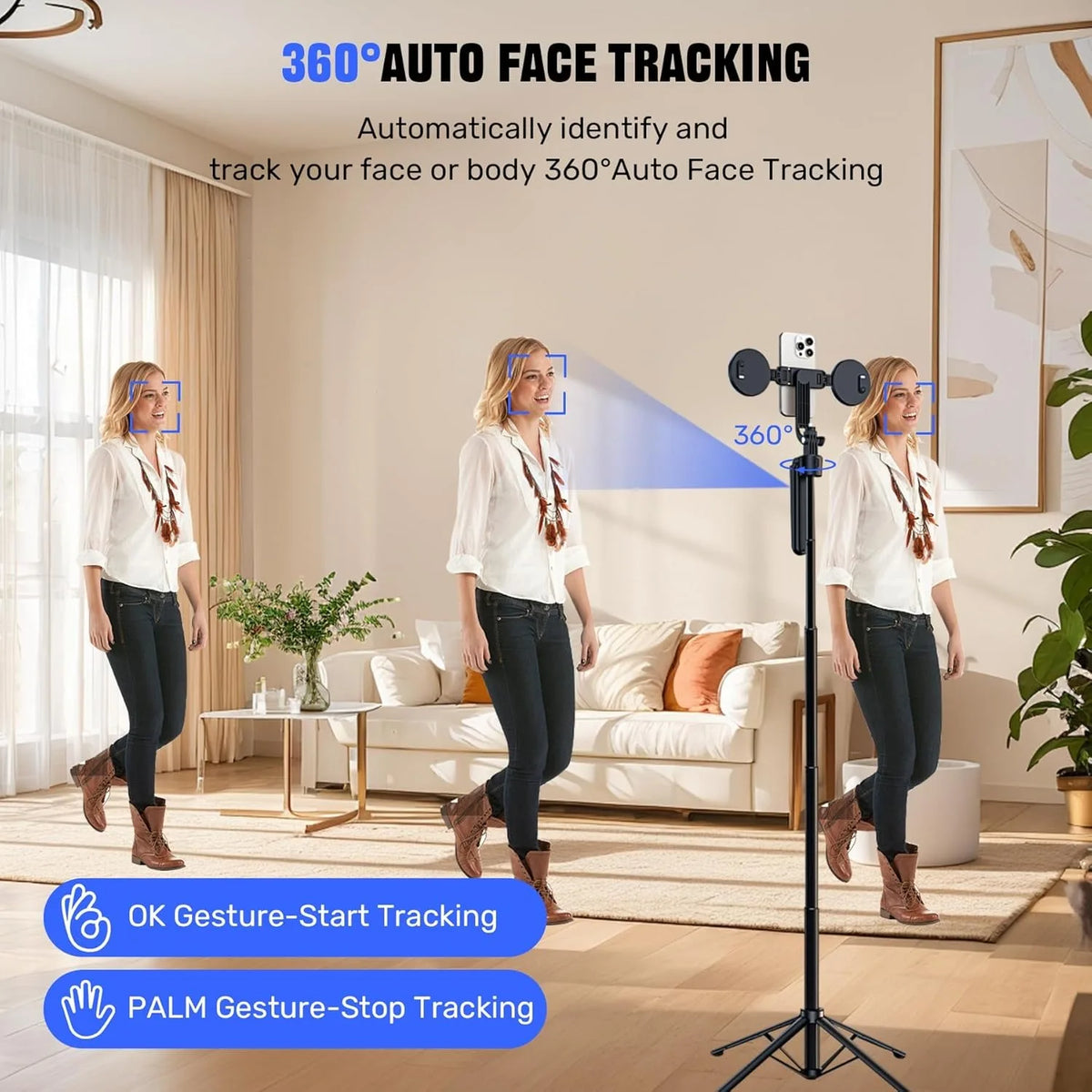 Extendable Auto Face Tracking Tripod 360° Rotation with Light 70.8" Motion Sensor Phone Tripod Stand For Vlog Live Stream