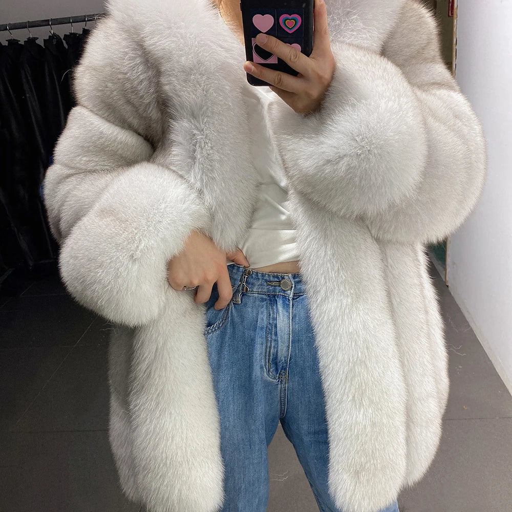 YOLOAgain Hooded Real Fox Fur Jacket Women 2025 Winter Warm Natural Fox Fur Coat Female