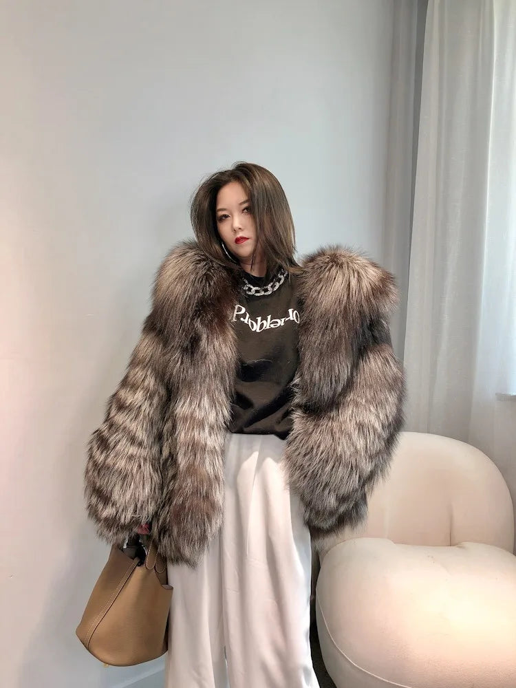 Real Natural Silver Fox Fur Coat Highend Quality Hood Genuine Women Winter Luxury Female Jacket Long Sleeve
