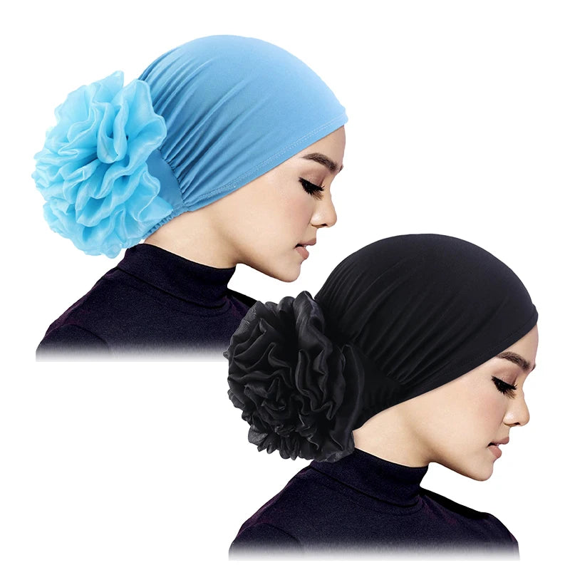 Women's Hijabs Turban Big Flower Elastic Cloth Hair Bands Hat Beanie Ladies Muslim Solid Hair Loss Scarf Cap Hair Accessories