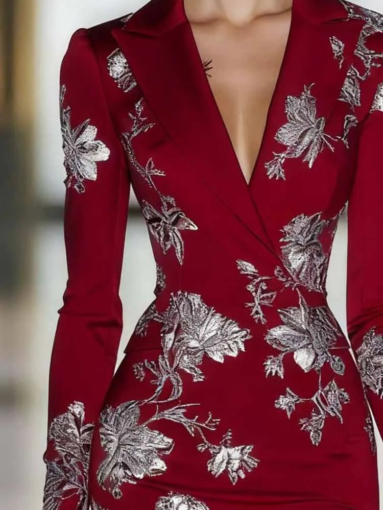 Elegant Luxury Floral Print Bodycon Midi Dress Retros V-neck Long Sleeve Fit Banquet Dress Temperament High Waist Wrap Hip Dress