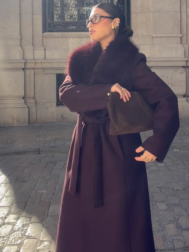 Solid Women Fur Collar Woolen Overcoat Stylish Patchwork Lace Up Long Sleeve V-neck Loose Coats 2026 High Street Warm Outerwear