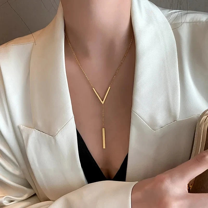 Stainless Steel V Shape Stick Pendant Necklace for Women Ladies Dainty Long Chain Necklace Party Jewelry