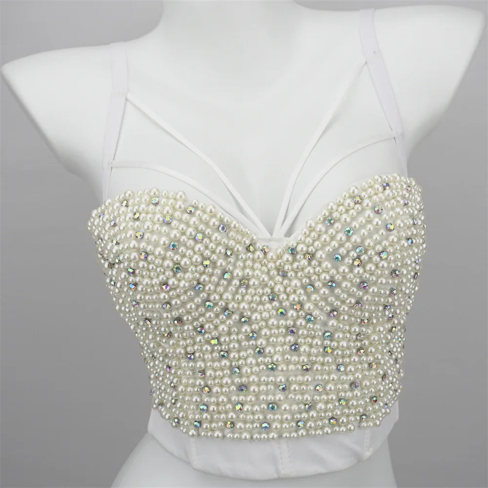 Quality Pearl Tank Tops Rhinestone Women Crop Top Club Clothes Streetwear Y2K Corset Woman Shaper Camis Fashion Feamale Clothing