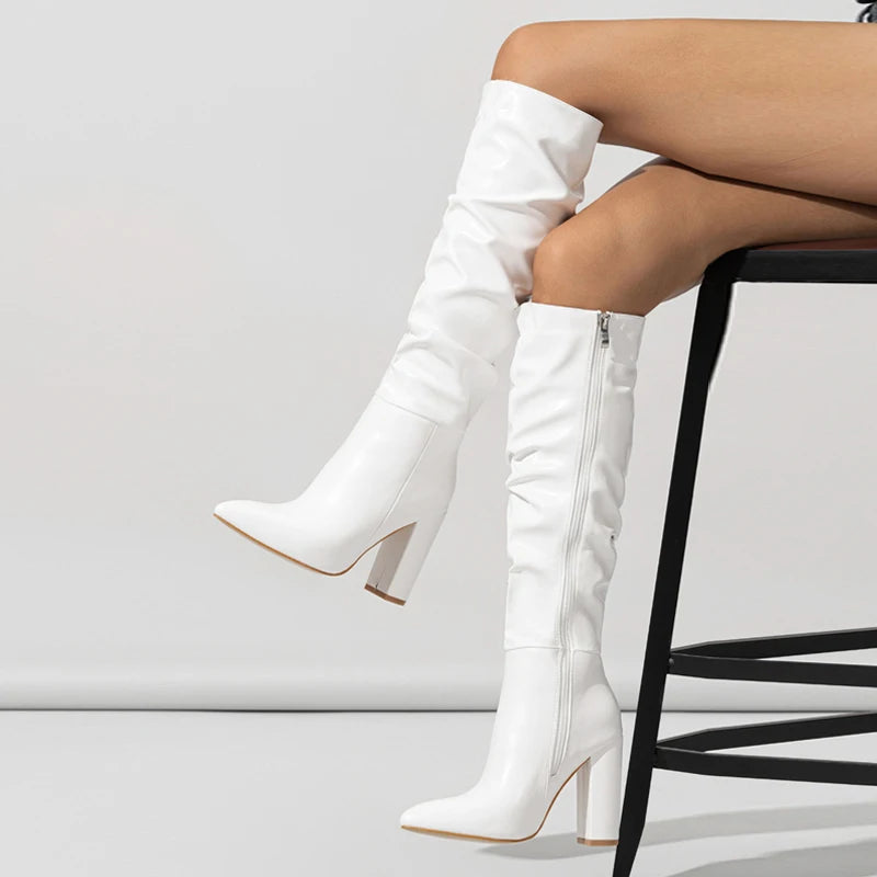 Liyke Winter Street Fashion Pleated Leather Pink Knee High Boots Women Sexy Long Zip Pointed Toe Square Heels Stripper Shoes