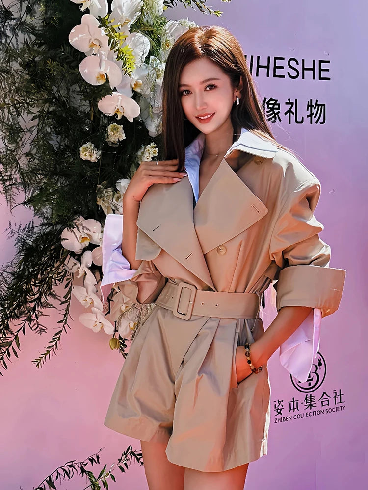 DEAT Fashion Khaki Jumpsuit Women's Lapel Double-Breasted Sashes Trench Coat Loose Rompers Autumn New 7A1521 - Kimlud
