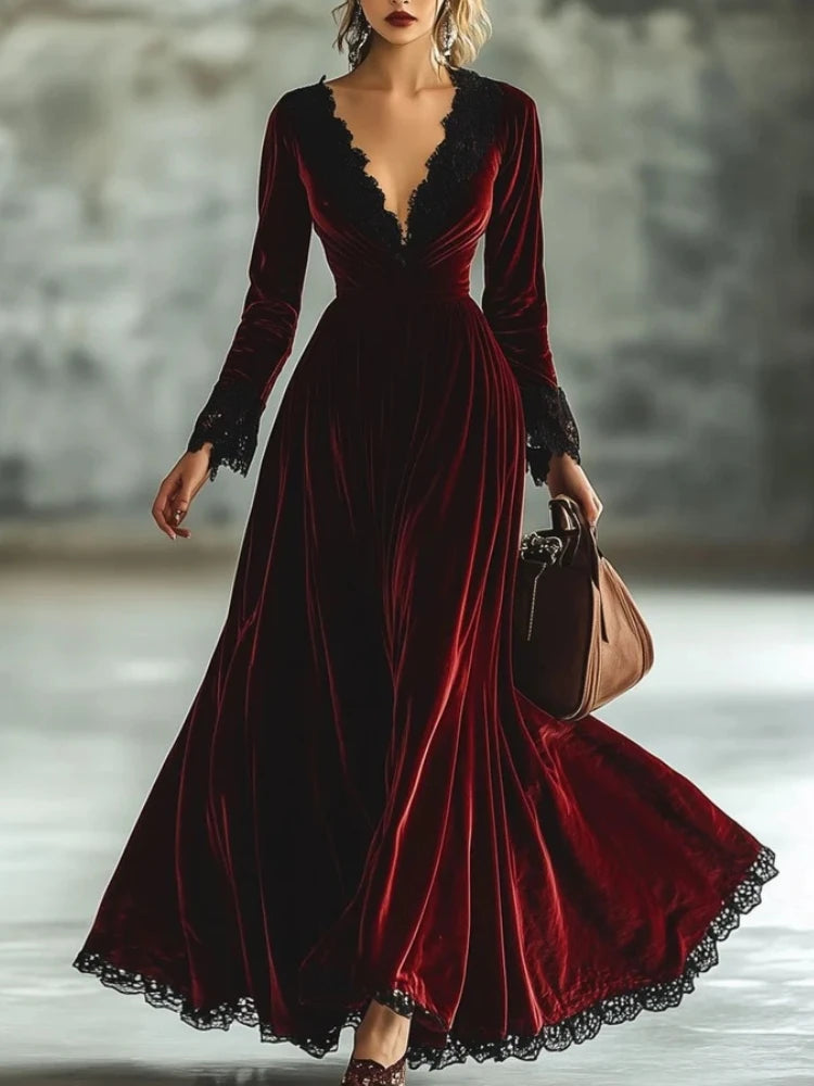 Autumn Women Dress Vintage Pleated V Neck Long Sleeve Velvet Lady Maxi Dress Solid Color Lace Stitching Slim Fit Female Dresses