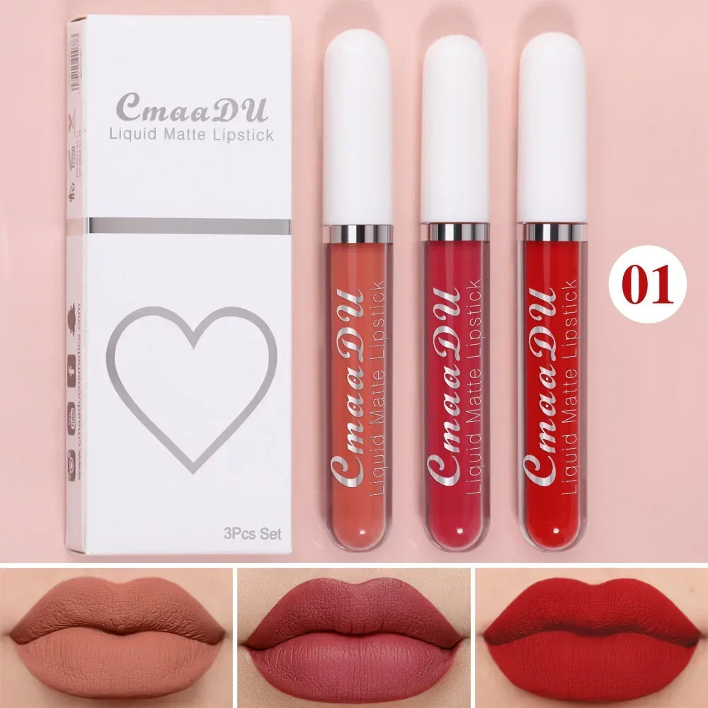 3Pcs/Set Waterproof Matte Nude Lip Gloss Brown Nude Pigment Dark Red Long Lasting Velvet Liquid Lipstick Women Makeup Lip Glaze