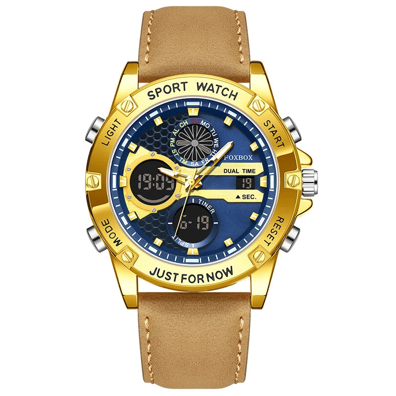 FOXBOX Fashion Men's Luxury Watch Leather Strap Quartz Watches Business Dual Display Waterproof Date Chronograph Man Watch+Box - Kimlud