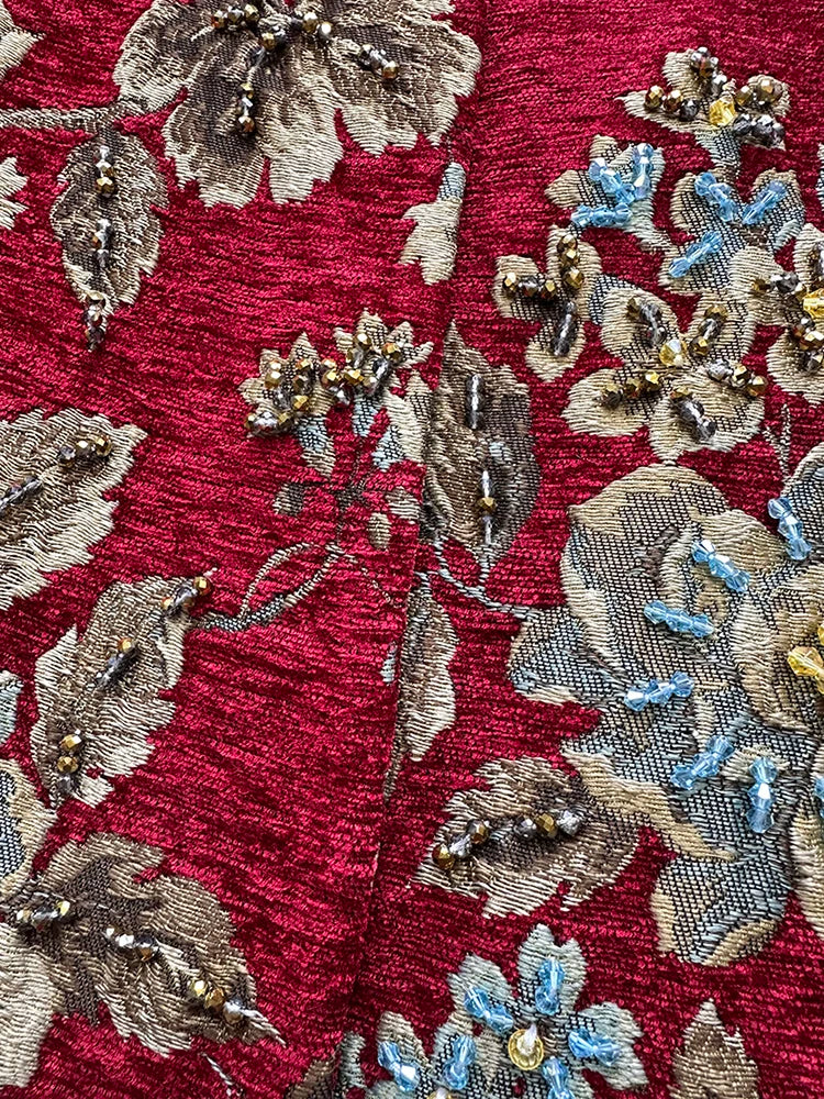 Autumn Winter New Women's Velvet Beaded Round Neck 3/4 Sleeve Burgundy Mid-Length Coat Chenille Texture Luxury Jacket