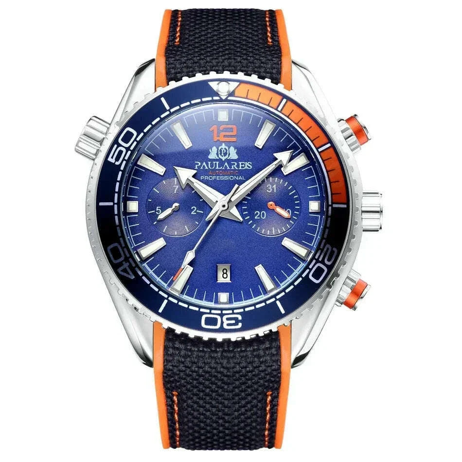 Automatic Watch for Men Mechanical Canvas Rubber Strap Orange Blue Red Multifunction Date Month Reloj Hombre Baratos