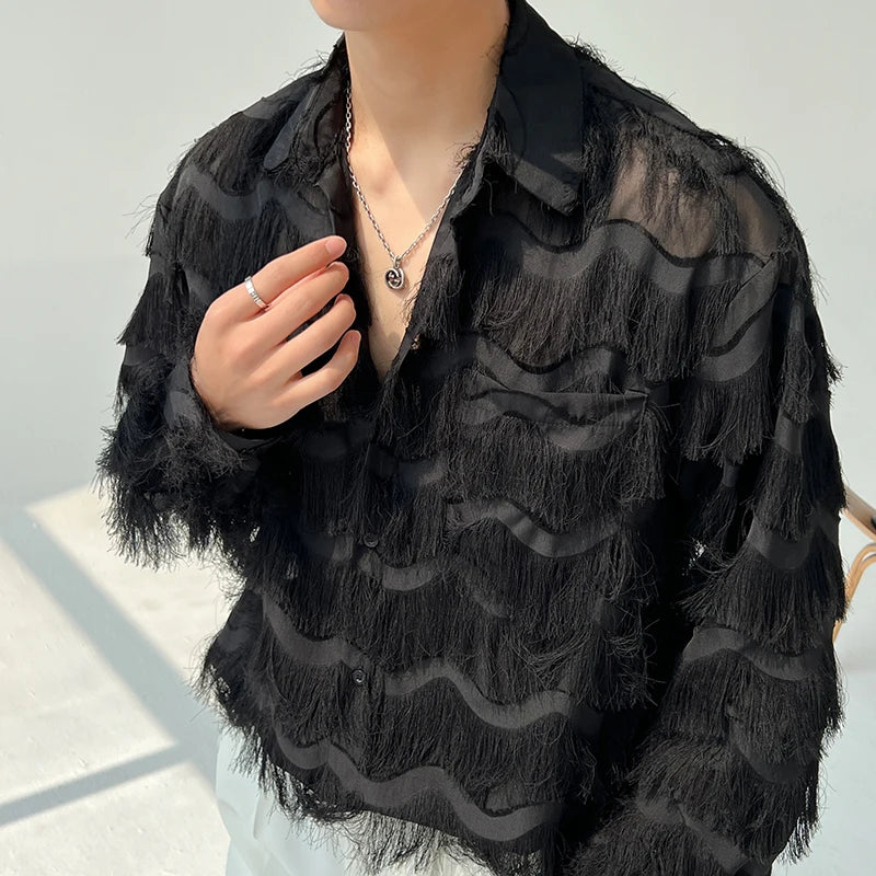 2025 Summer Men Black White Streetwear Hip Hop Shirt Men Tassels Party Night Club Men Shirts Male Long Sleeves Hollow Out Blouse - Kimlud