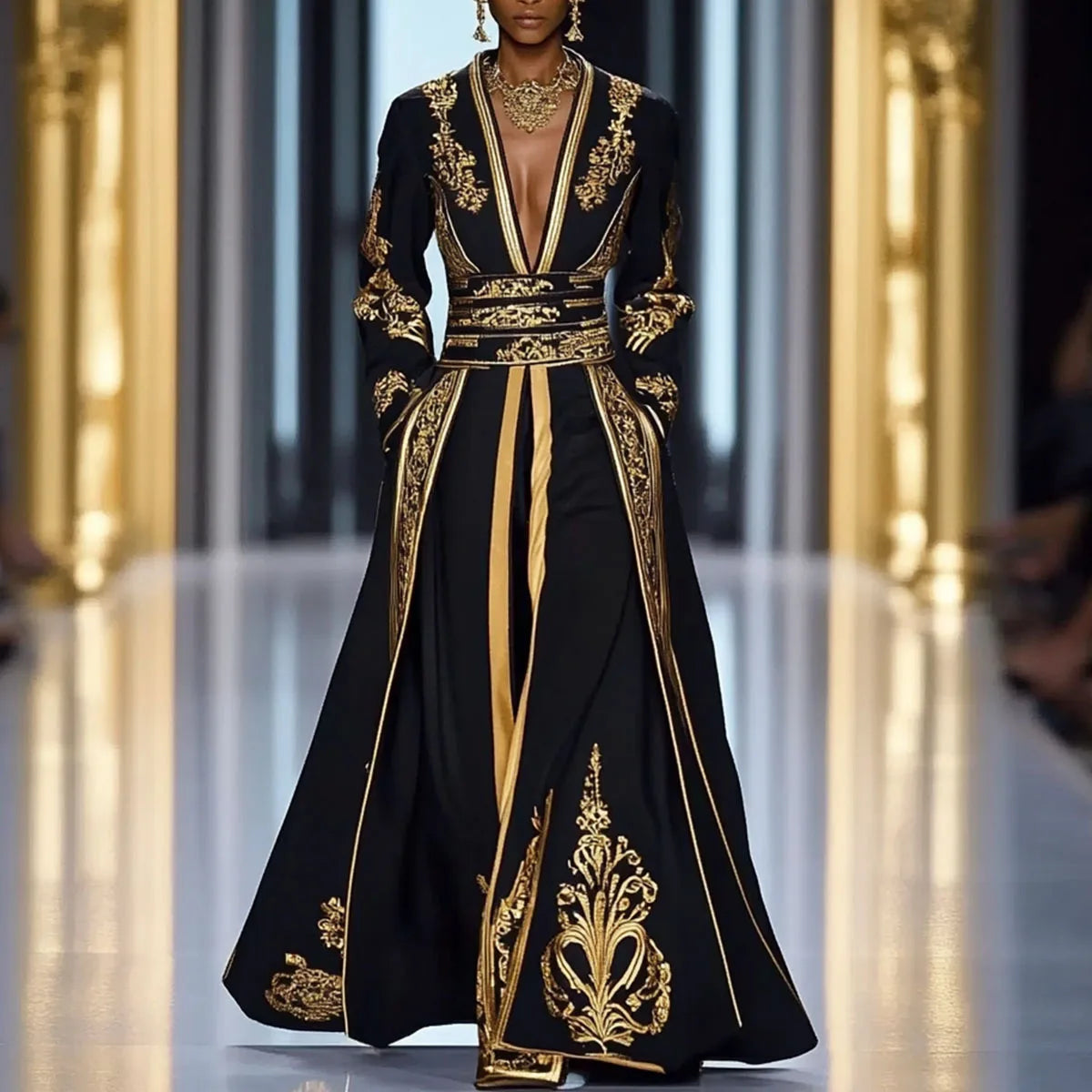 Sexy V-neck Elegant Women's Dress Pockets Pleated A-Line Ethnic Floral Printed Long Sleeve Retro Muslim Fashion Dresses