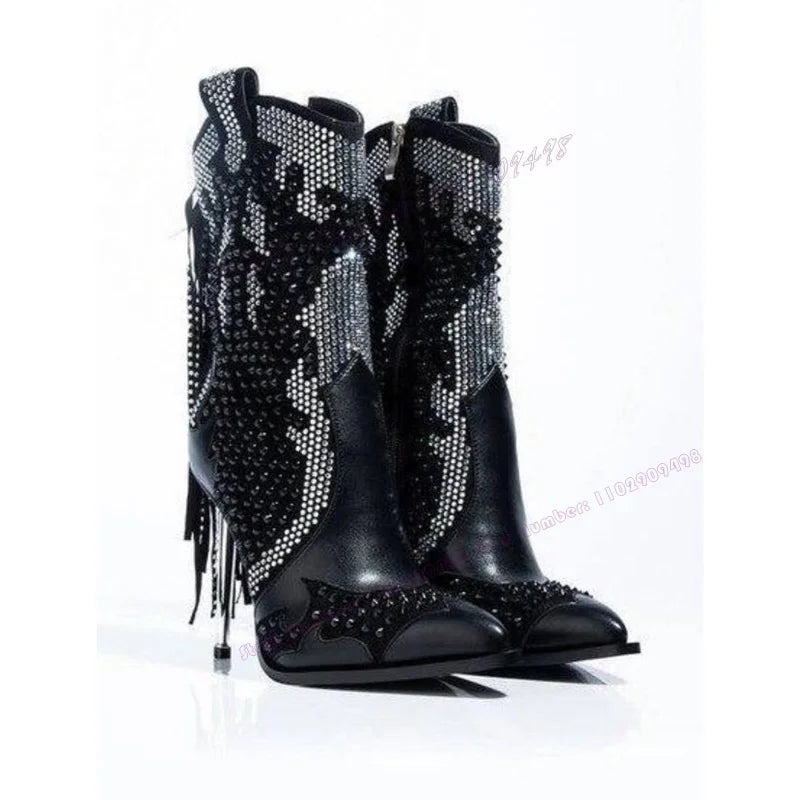 Black Tassel Crystal Decor Ankle Boots Pointed Toe Shoes for Women Thin High Heels Sexy Runway Shoes 2025 Zapatos Para Mujere