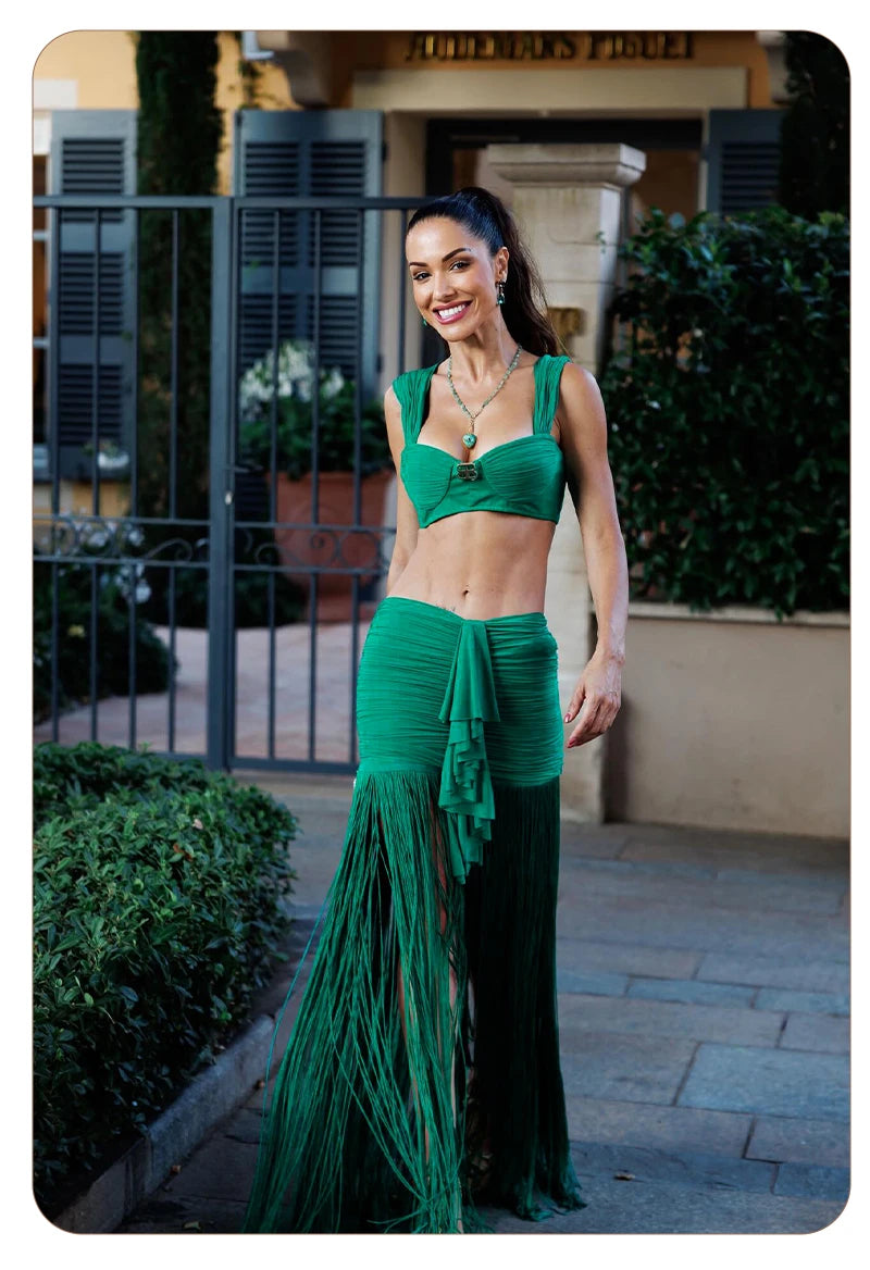 VC Fashion Summer Beach Green Tassel Dress And Cropped Top Set Ruched Waist Design for Vacation Party
