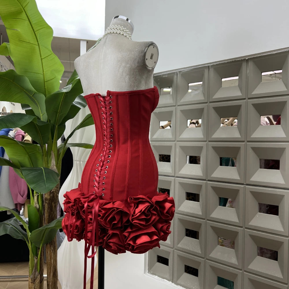 Sexy Strapless Bodycon Dresses for Women 3D Floral Fashion Party Evening Club Bandage Dress Formal Elegant Slim Birthday Gowns