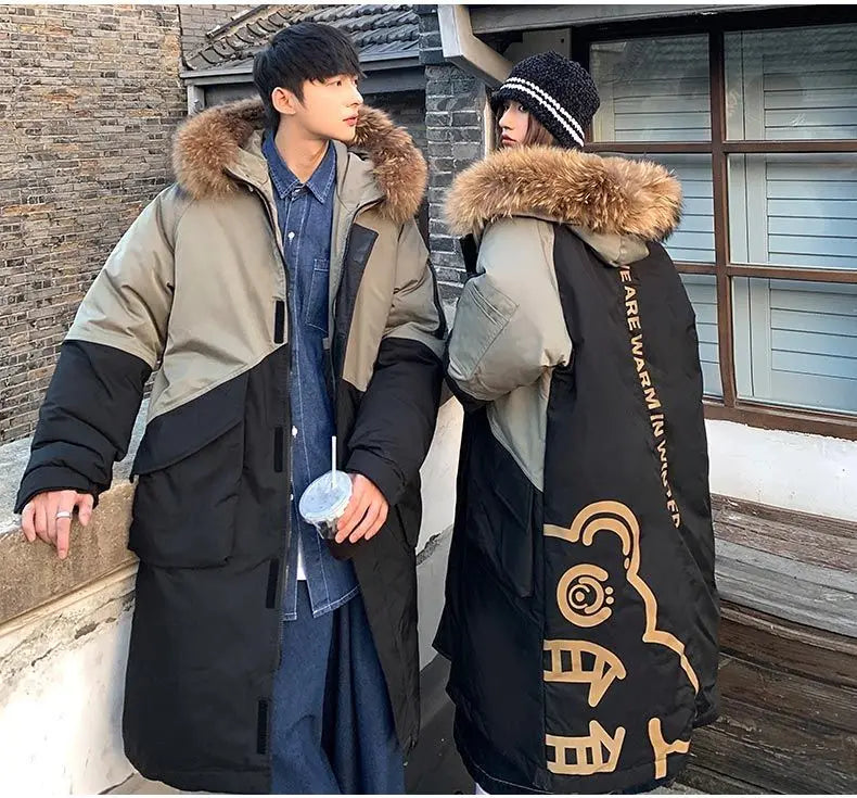 Men's Parkas Hooded Down Jacket Couple Mid-length Over-the-knee Loose Animal Fur Collar Jackets Zipper Pockets Thick Tops Coat