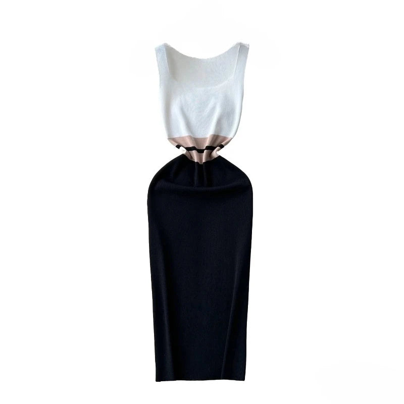 Women's White Black Patchwork Block Square Neck Sleeveless Stretchy Knit Bodycon Midi Dress Elegant Summer Daily Party...