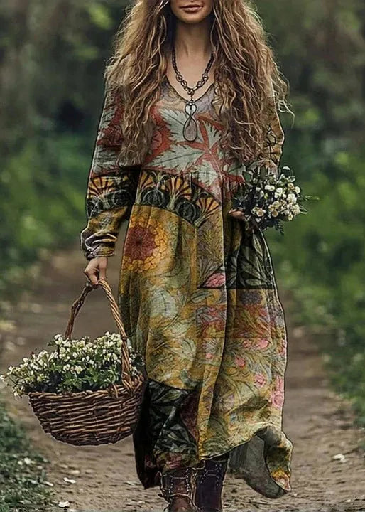 Boho Vintage Print Long Dresses For Women 2025 Casual V Neck Full Sleeve Splice High Waist Loose Dress Autumn Fashion Vestidos - Kimlud