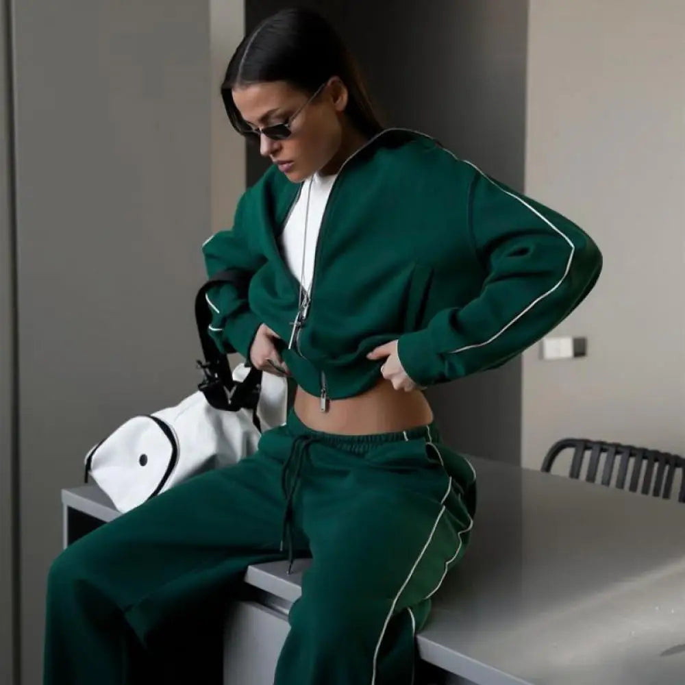 Casual Fashion Suit Ladies Zipper Cardigan Jacket Sports Tether Trousers Two-Piece Ladies Street Style Suit - Kimlud