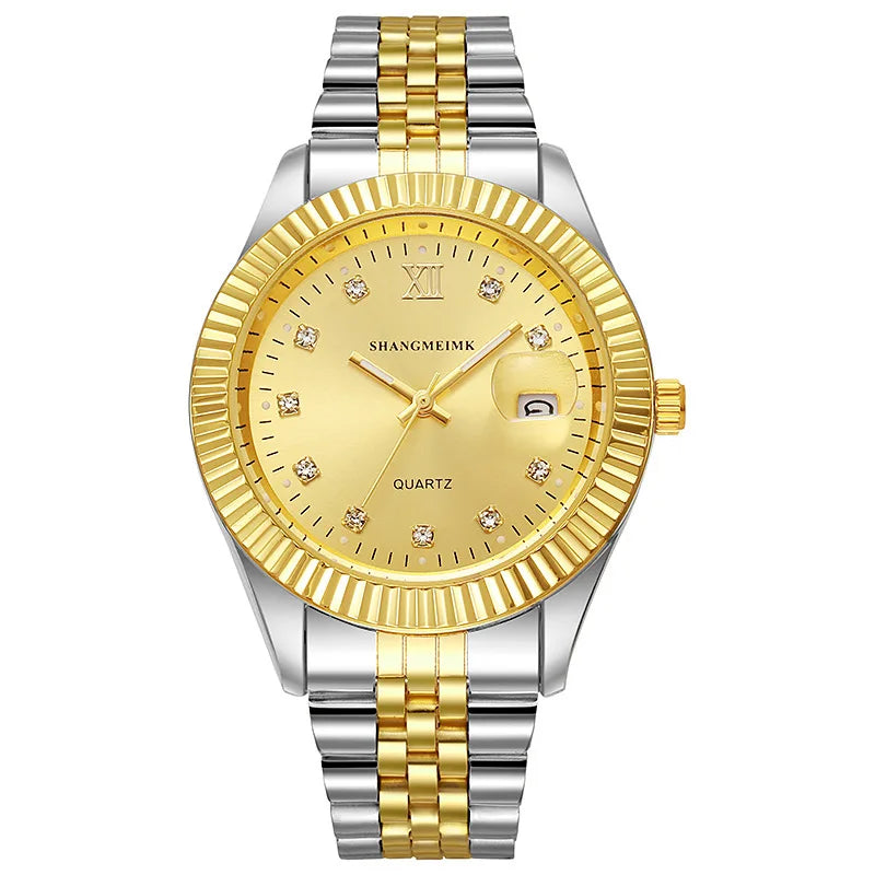 Mens Watch Gold Dial Multi Functional Quartz Movement Stainless Steel Waterproof Timing Men Business Watch Reloj Hombre