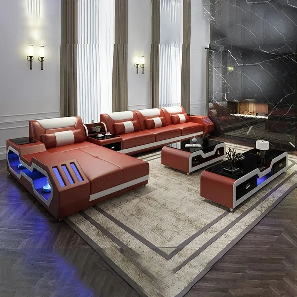 Modern LED Lighted Sofa Set with Recliner, Adjustable Headrest & Console | Luxury Leather Sectional Couch | Futuristic Furniture - Kimlud