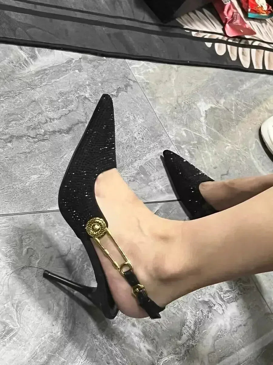 Luxury Rhinestones Sexy High Heels Women Pointed Toe Sandal Elegant Ladies Metal Buckle Fashion Design Banquet Dress Shoes Pumps