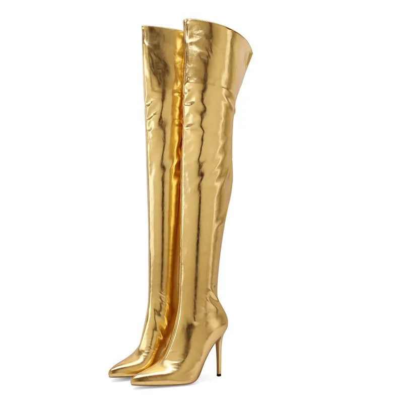 Sexy Silver Gold Rear Zipper Over Knee Boots Women's Pointed High Heels European and American Fashion Long Boots Big Size 34-43