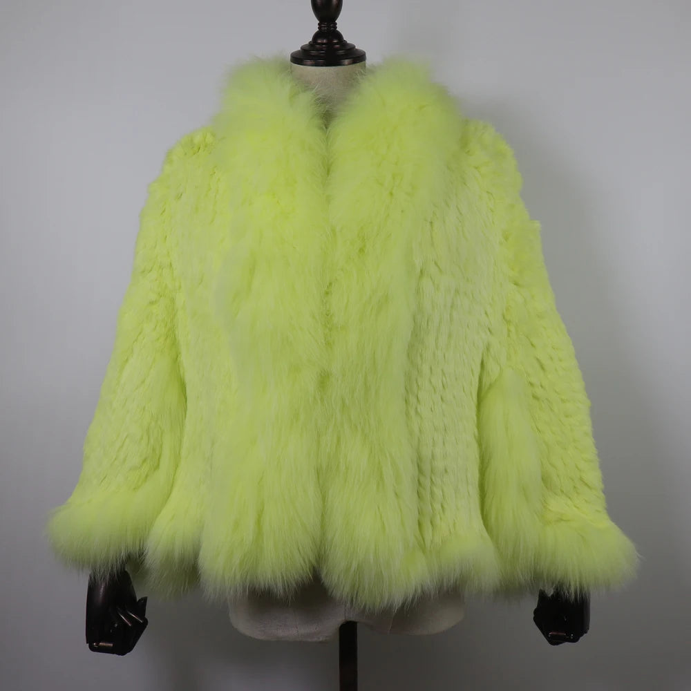 Hot Women Knitted 100% Real Rabbit Fur Shawl Winter Warm Genuine Rabbit Fur Pashmina Coat With Fox Fur Collar For Female...