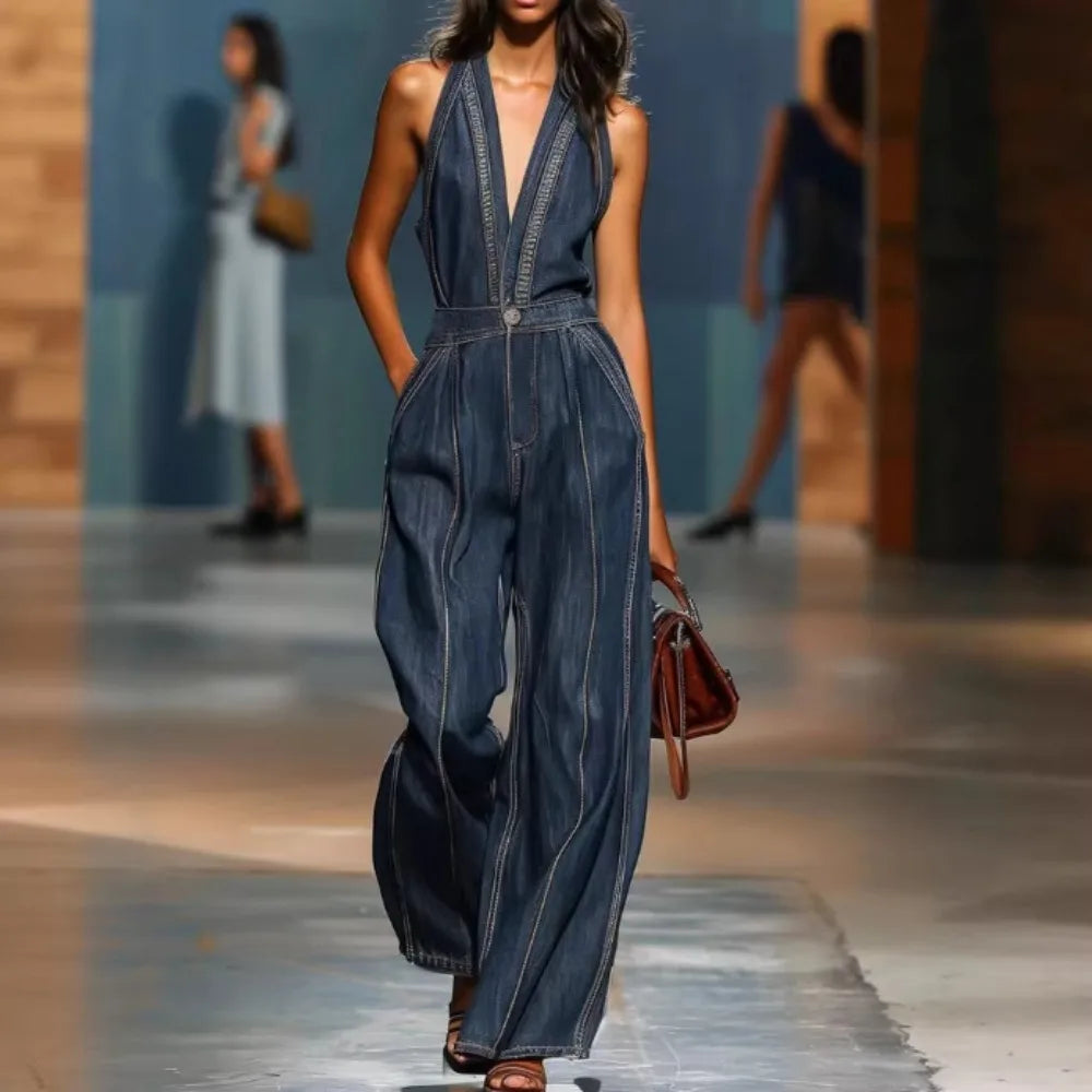 Women's Halter Neck Faux Denim Jumpsuit Sleeveless Deep V-Neck Wide Leg Denim Romper Vintage Inspired Retro Overalls |...