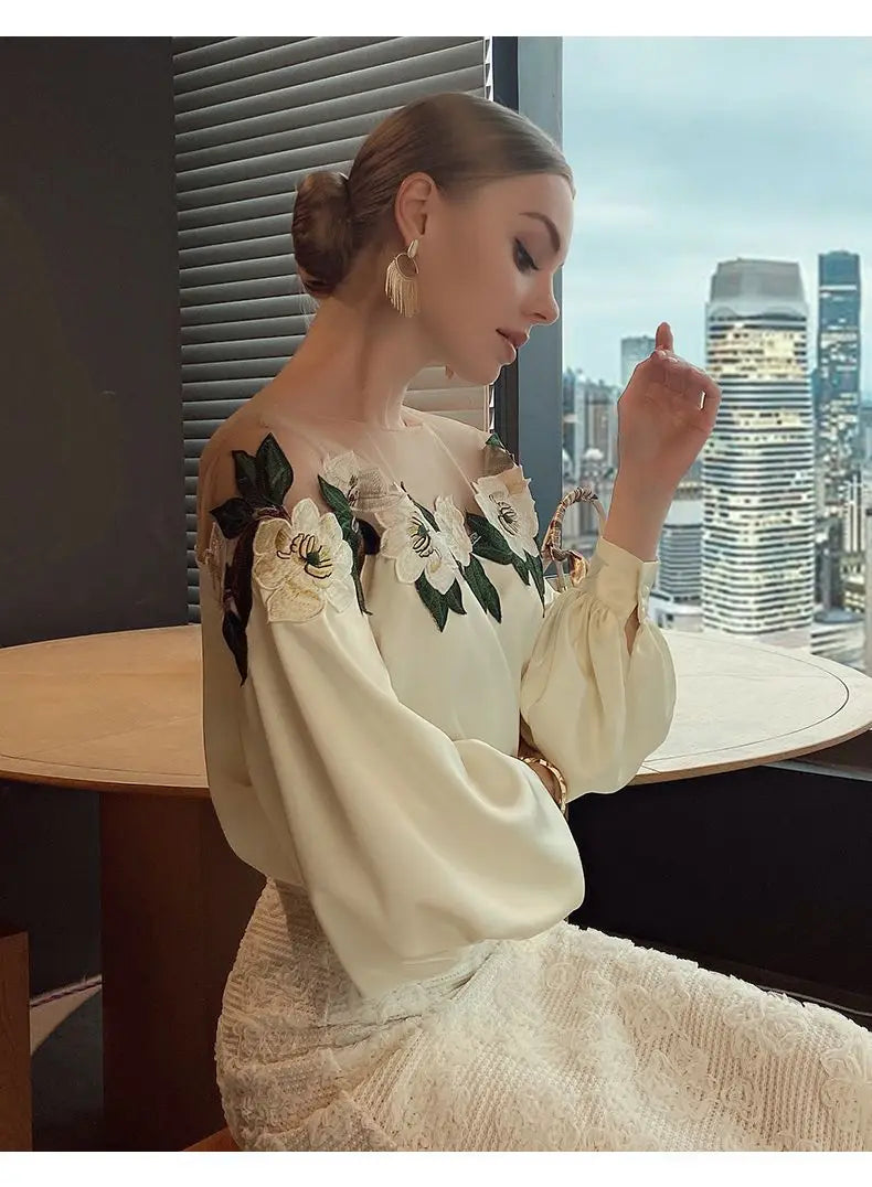 Vintage Embroidered Shirt Elegant Mesh Patchwork Satin Blouse O-neck Tops Spring Autumn Long Lantern Sleeve Women Clothes 24976