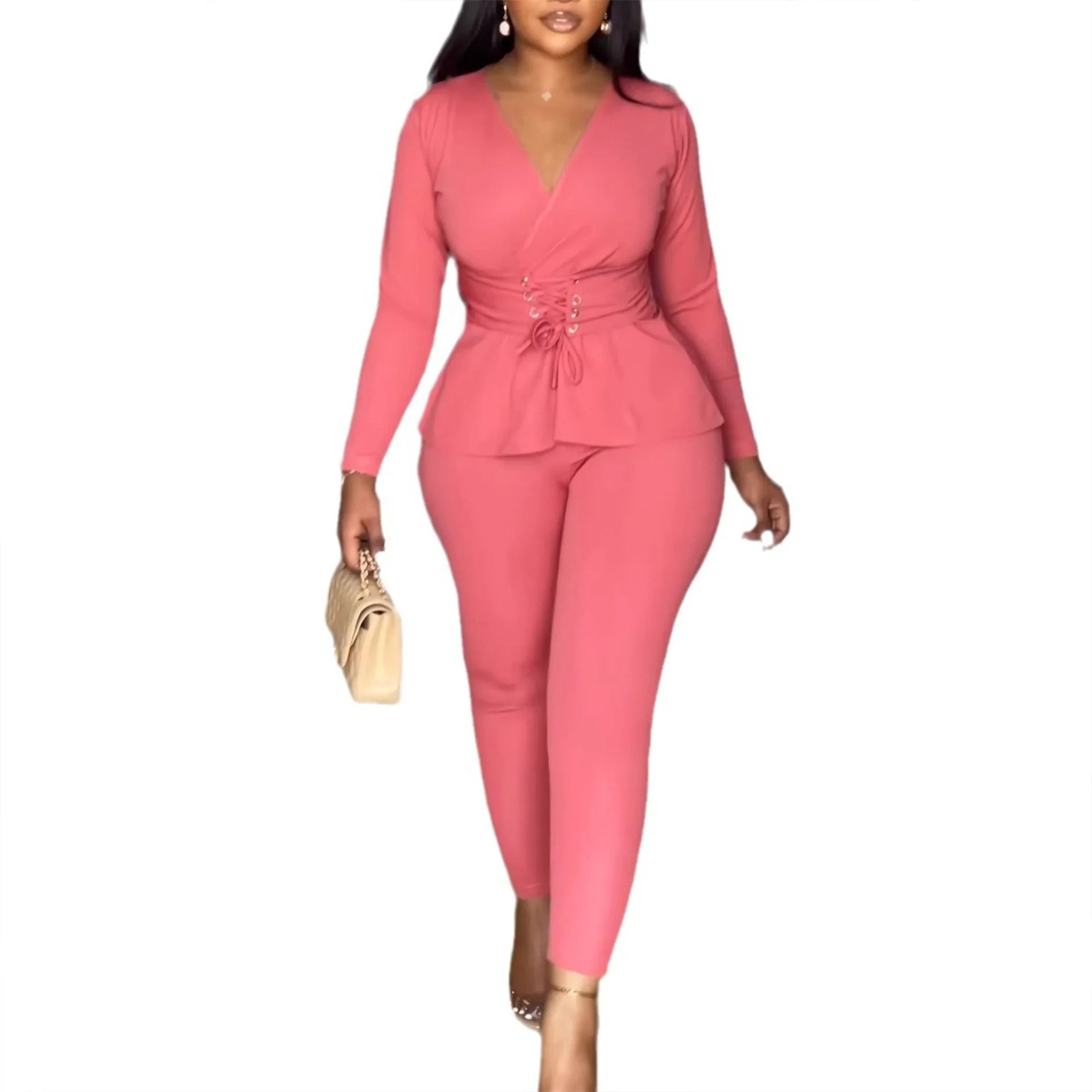 Pant Set Women Two Piece Sets V Neck Elegnt Work Solid Casual Slim Fit High Waist Tops Matching Sets Long Pants Slim Fit 2025