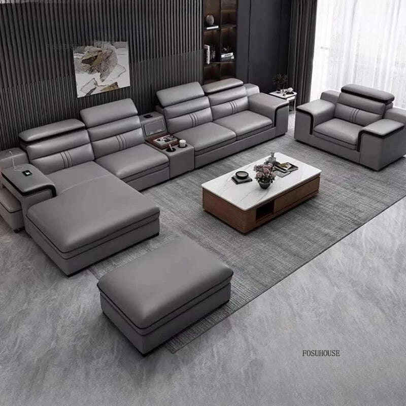 Large Apartment Chaise Leather Sofa Combination Set Modern Light Luxury Living Room Sofas Creative Office Comfortable Large Sofa