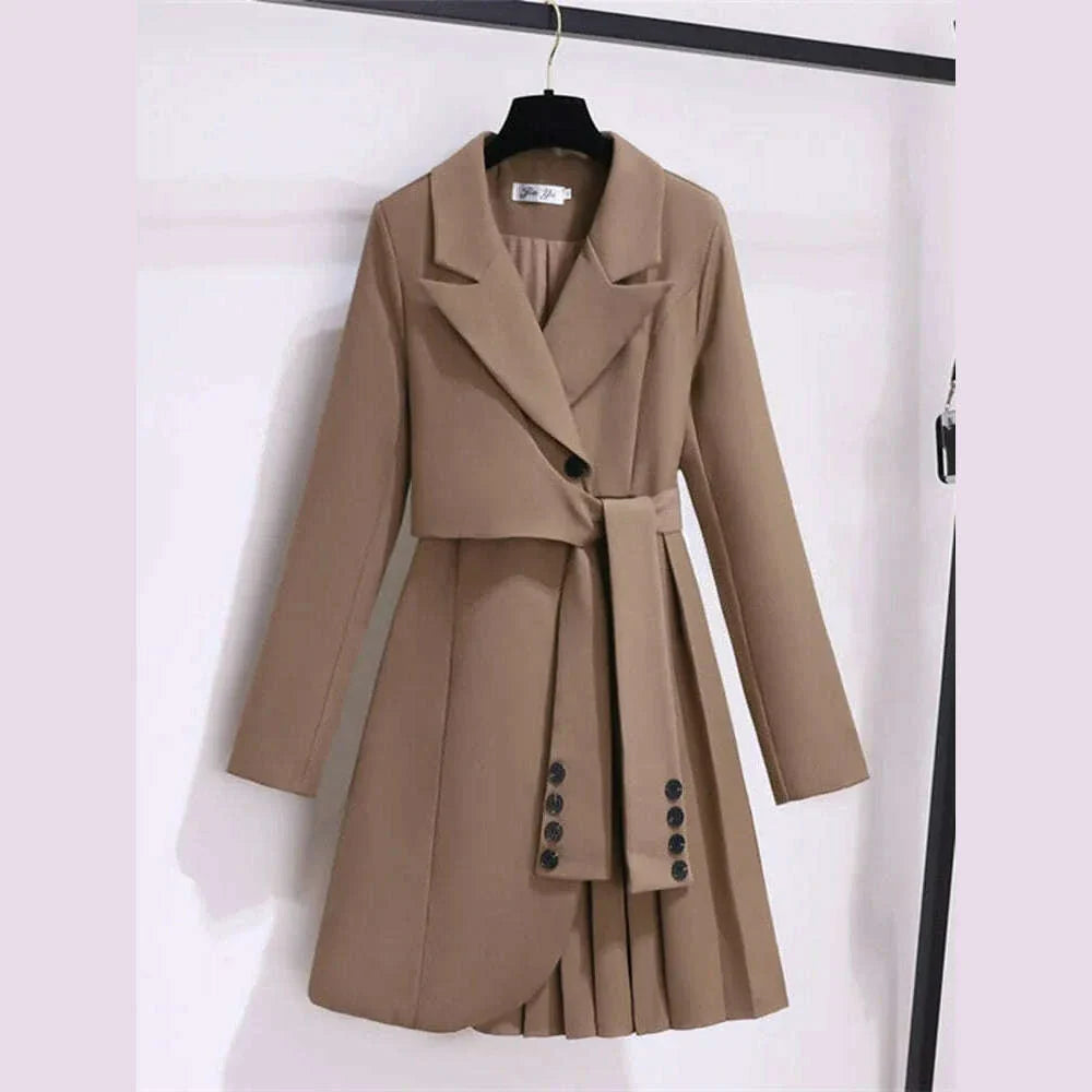 2022 Autumn Office Sashes Bandage Waist Tie Blazer Dress Women Long Sleeve Notched Collar Pleated Irregular Mini Vestidos