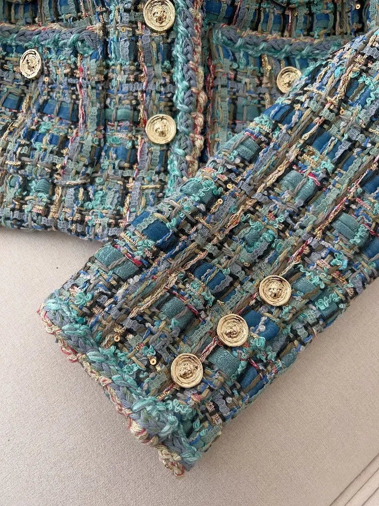 2025 New French Lady Blue Green Tweed round Neck Single Button Small Fragrance Style Jacket Vest Dress Set Casual Suit